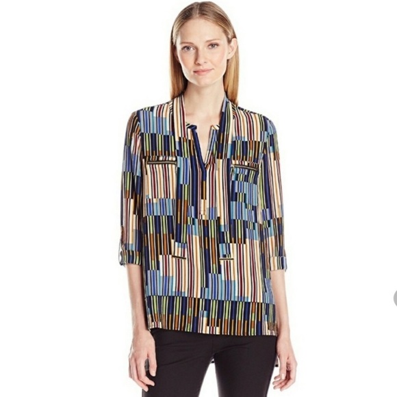 Rafaella Tops - Rafaella geo stripe tie detail career blouse large‎